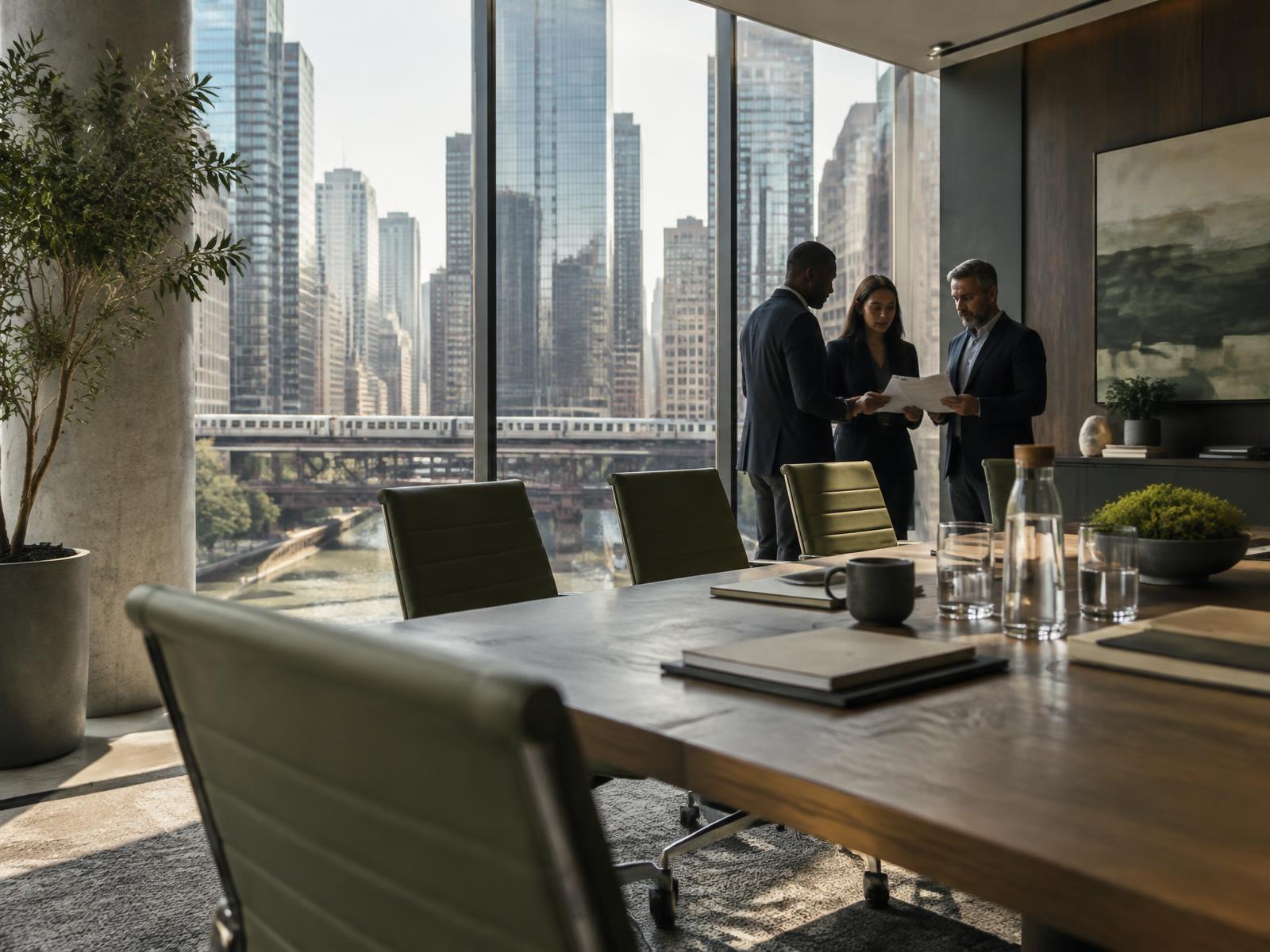 Professionals reviewing sustainability material in a boardroom