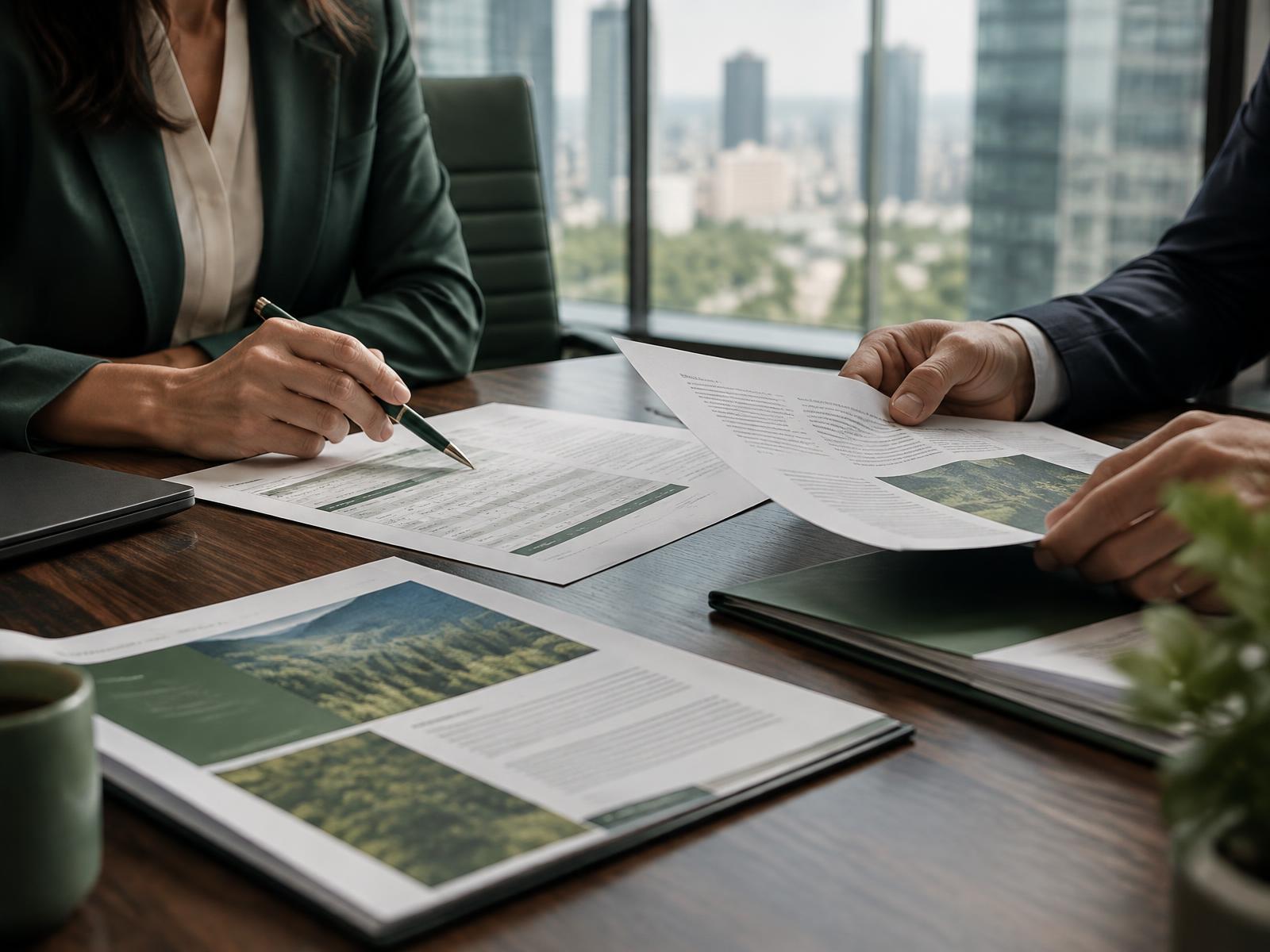 Professionals reviewing sustainability disclosure and compliance documents